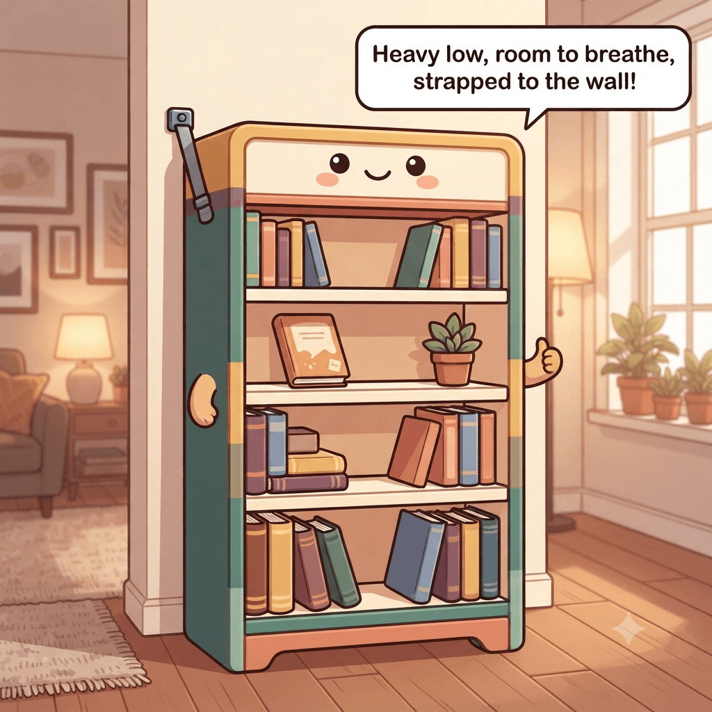 The bookcase character pleased, heavy books low, each shelf with a little space, an anti-tip strap to the wall, a small display