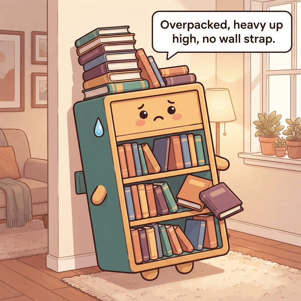 The bookcase character leaning forward, shelves overpacked, heavy books up high, a sideways stack on top, no wall anchor