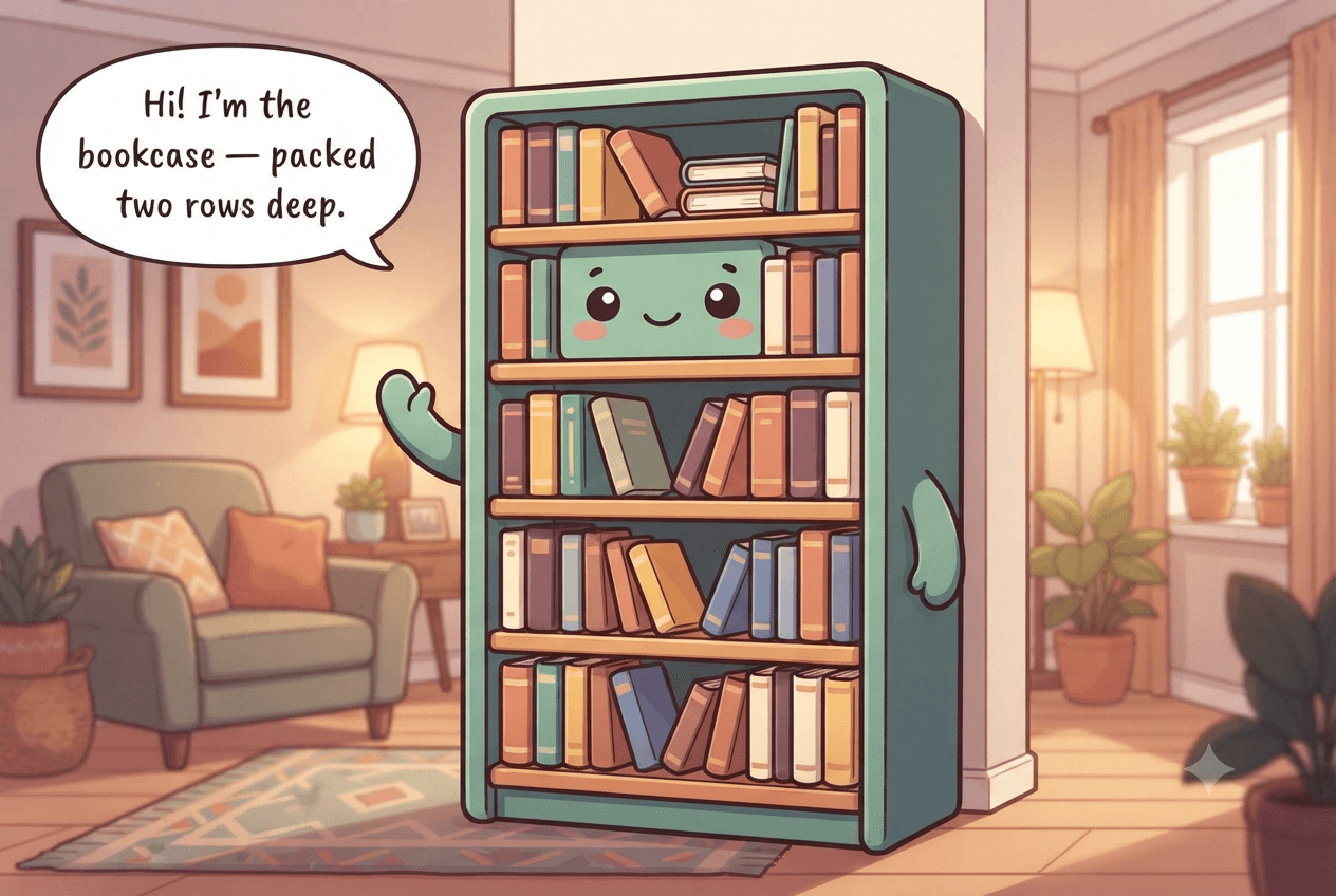 Chibi bookcase character with a friendly face, shelves crammed with books and a sideways stack on top