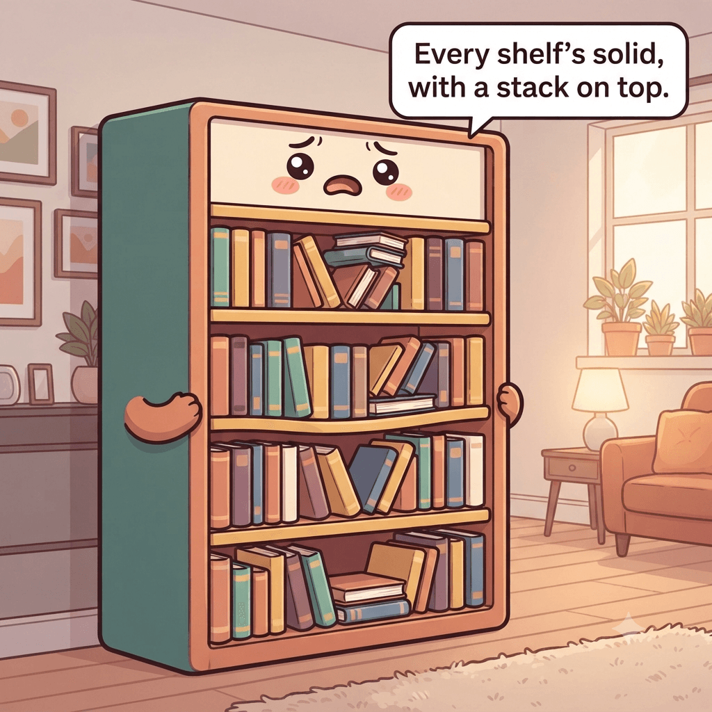 The bookcase character showing shelves packed tight with a sideways stack wedged on top and books double-rowed
