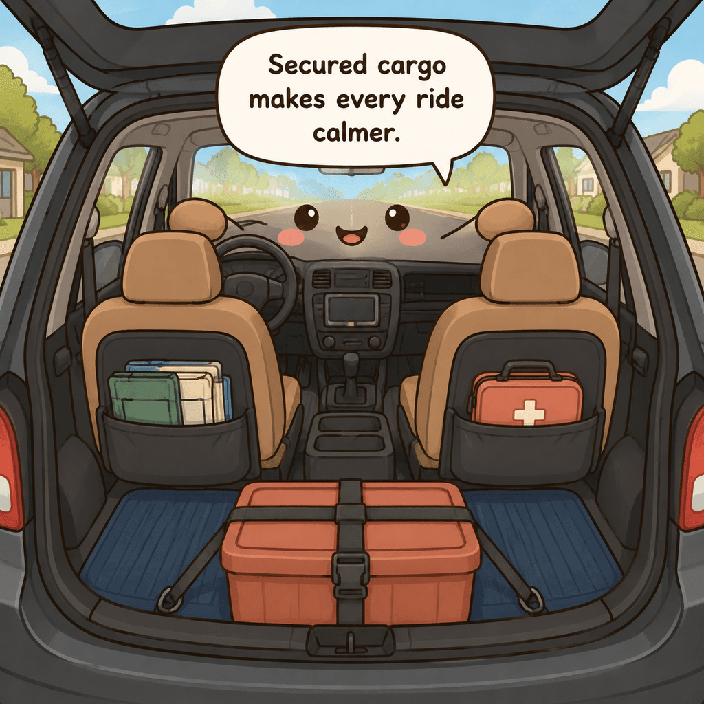 The car character smiles with two secured trunk zones, a compact emergency kit, folded bags, clear seats, and unobstructed windows