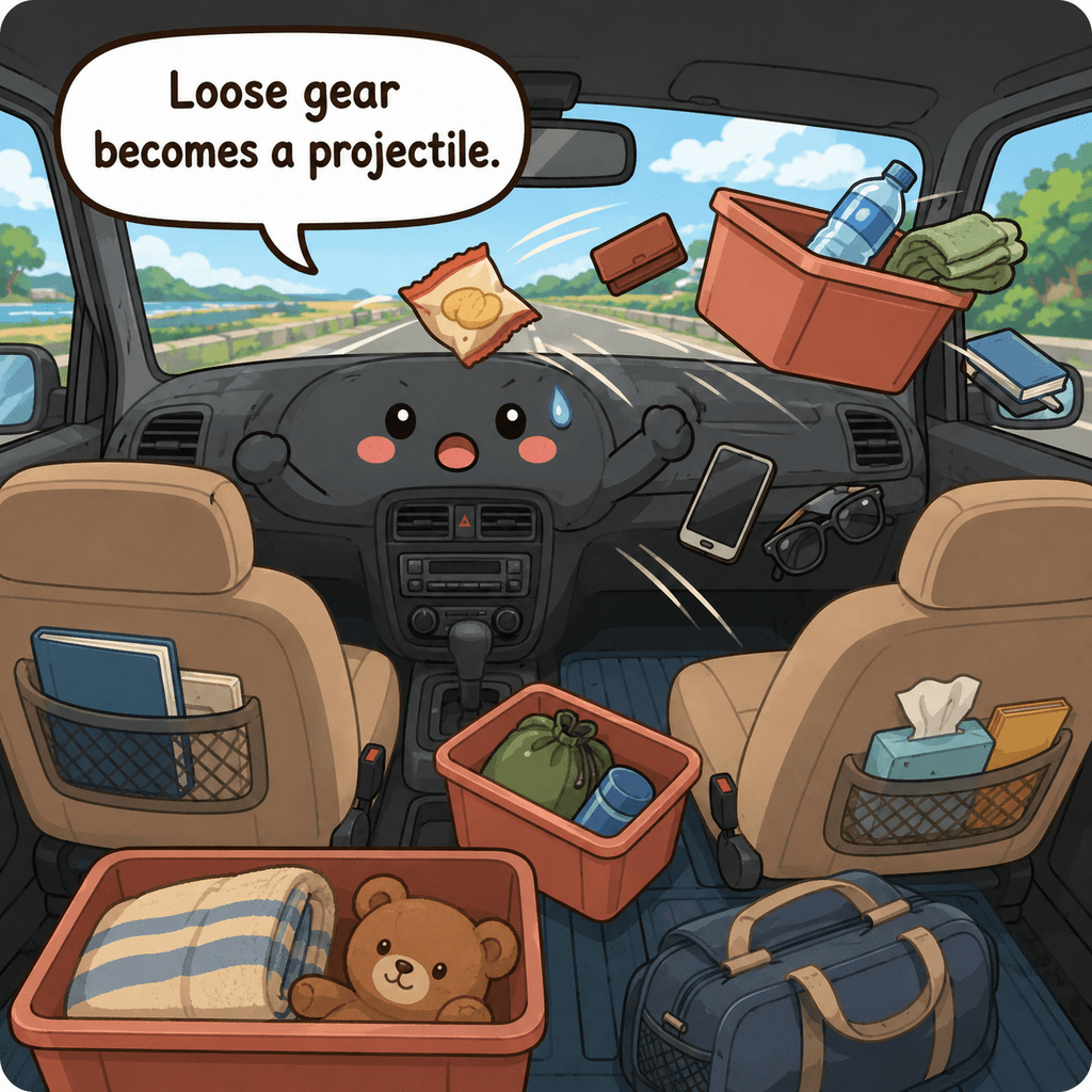 The car character looks alarmed by loose heavy cargo, a blocked windshield, clutter near airbags, and electronics baking in direct sun