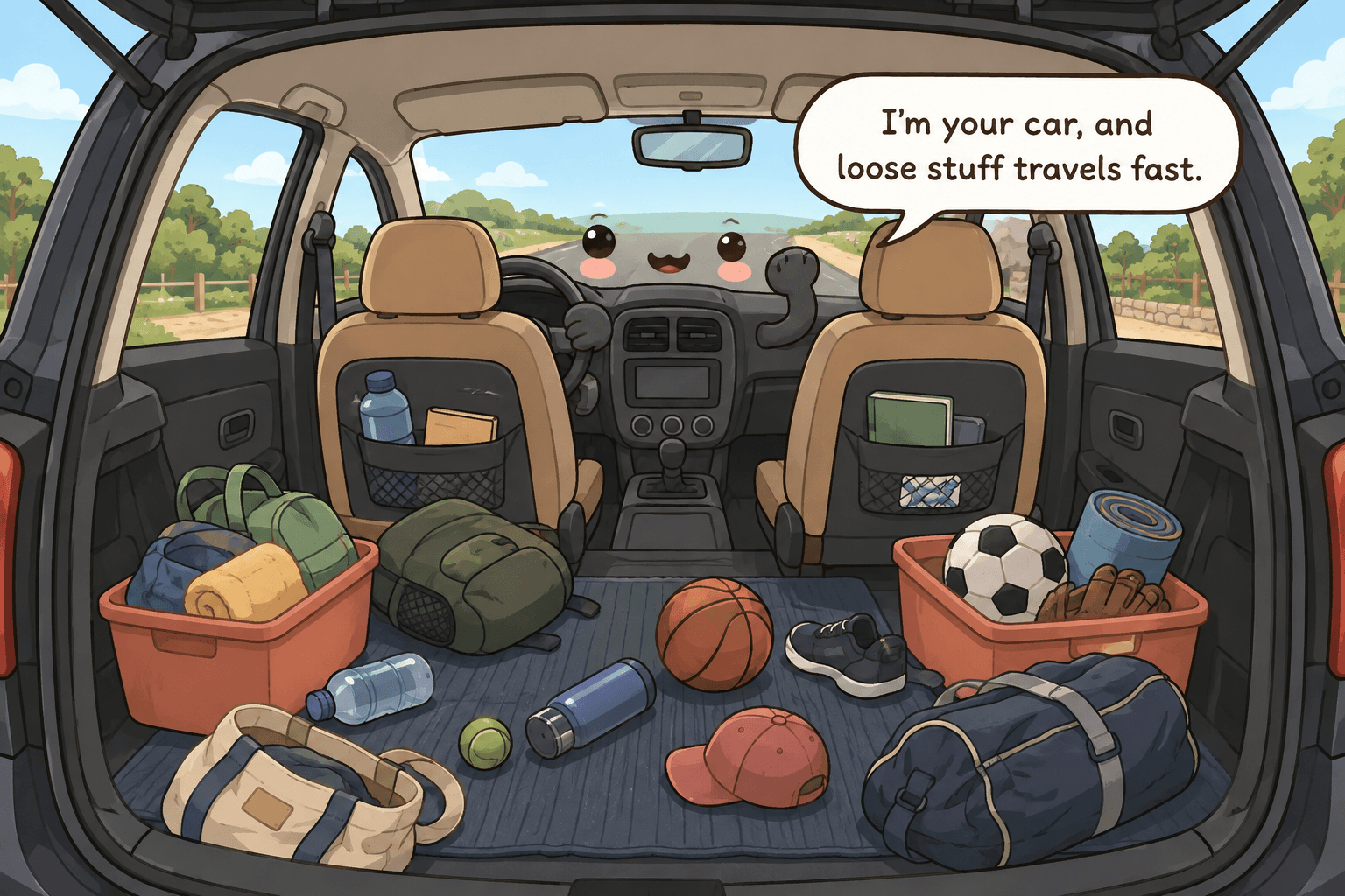 Chibi car interior character with a messy trunk, loose bottles, bags on seats, emergency gear, and a clear windshield and dashboard