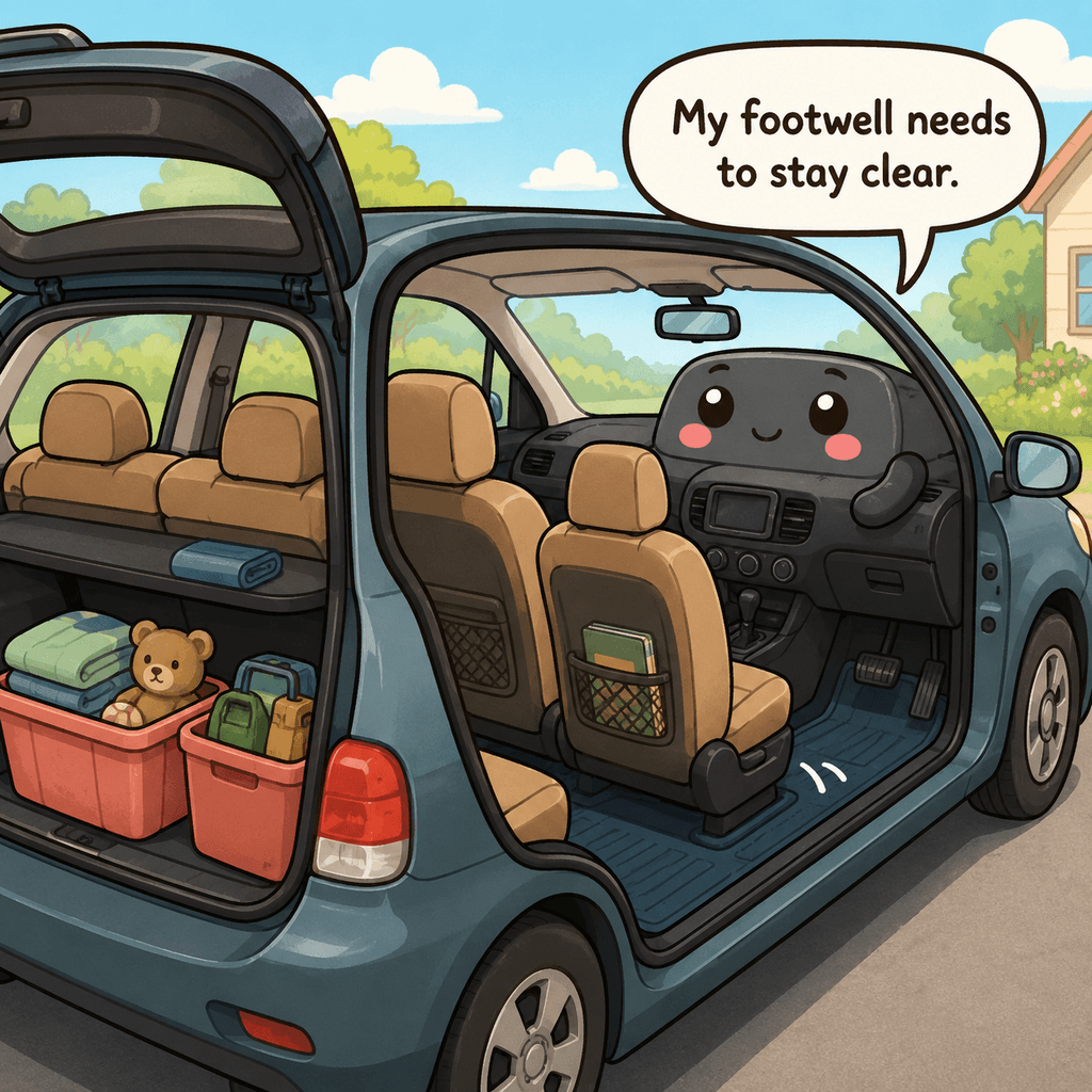 The car character reveals loose items under seats, clutter in the trunk, a clear driver footwell, and heat-sensitive items that should leave the vehicle