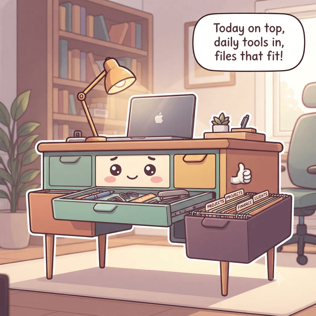 The desk character content, clear surface with one tray, shallow drawer divided for daily tools, deep drawer of labeled hanging files, cables bundled