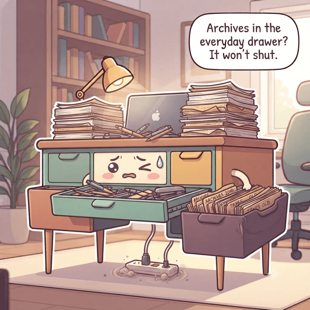 The desk character strained, surface covered in stacked paper, deep drawer jammed with old files, power strip in a dust ball on the floor