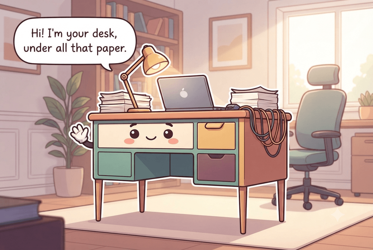 Chibi home office desk character with a shallow center drawer for a mouth and a deep file drawer, a friendly tired face, papers piled on top