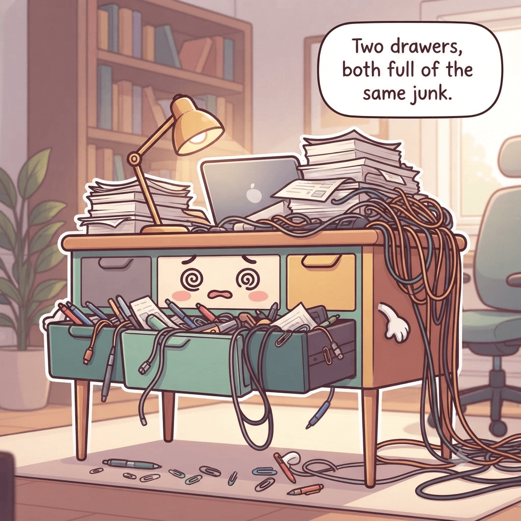 The desk character buried under paper piles, a tangle of cables over the edge and drawers overflowing with pens and cords