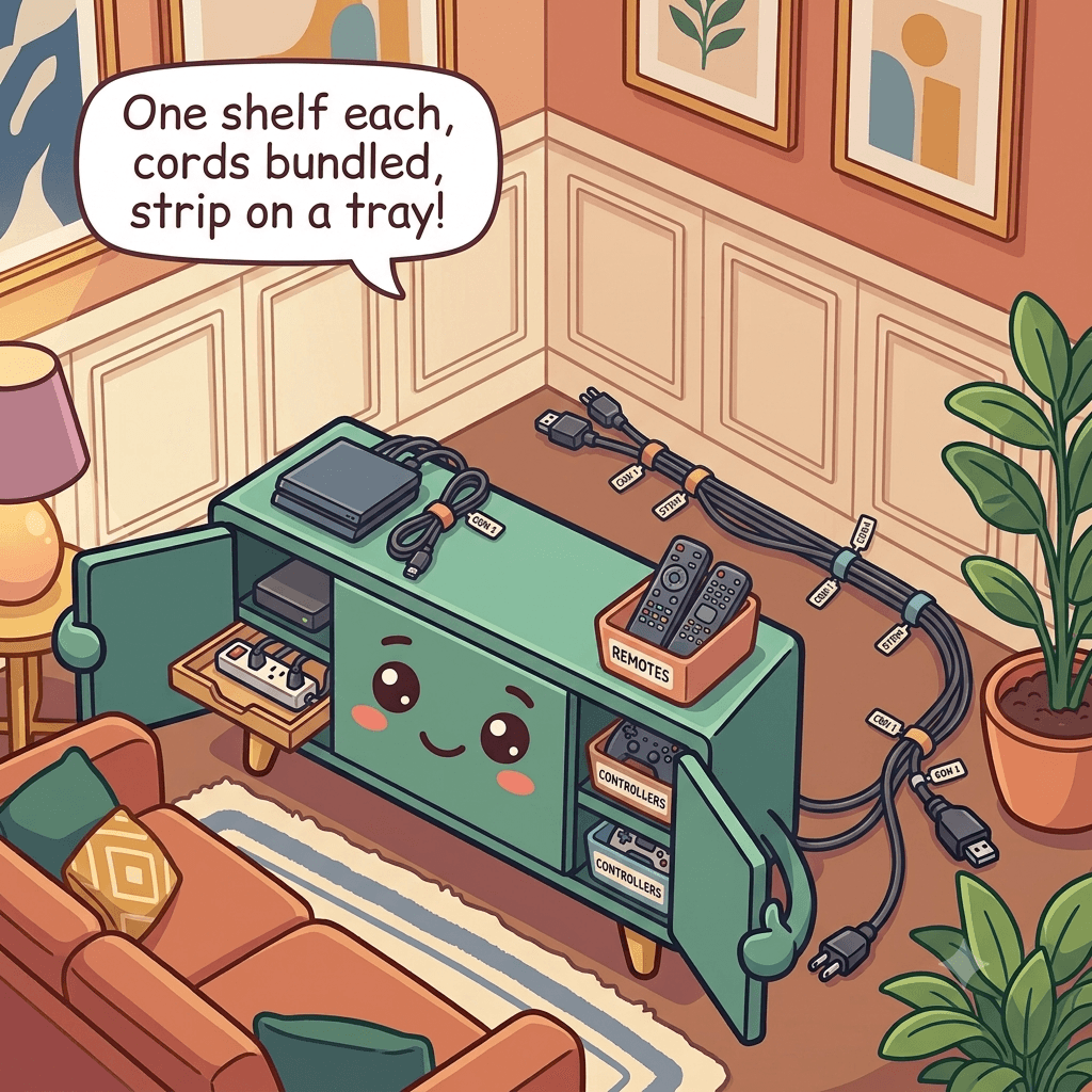 The media console character pleased, each device on its own shelf with space around it, cables bundled and labeled, power strip on a pull-out tray