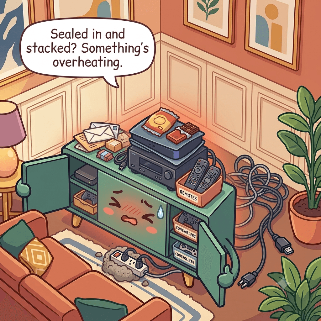 The media console character overheating, a game console stacked on a receiver in a shut cabinet, cords knotted, clutter piled on top