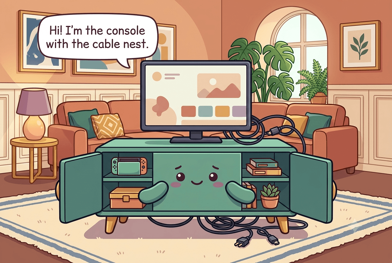 Chibi TV media console character with cabinet doors open like arms, a tangle of cables behind it, a friendly slightly frazzled face
