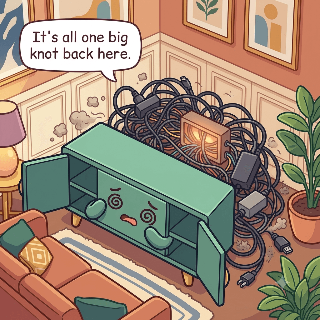 The media console character tips forward to reveal a dense knot of black cables, power bricks and a warm cable box behind it