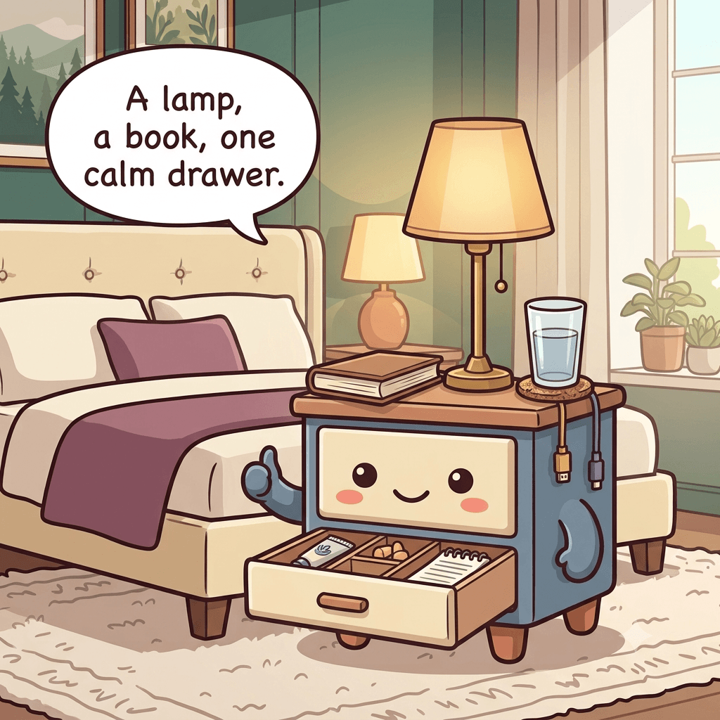 The nightstand character content, top holding just a lamp, one book and a coaster, drawer divided into small tidy sections