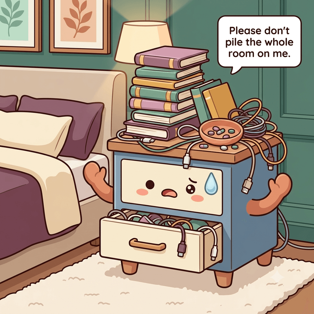 The nightstand character overwhelmed by a leaning book tower, draped cords and an open dish of loose pills on top