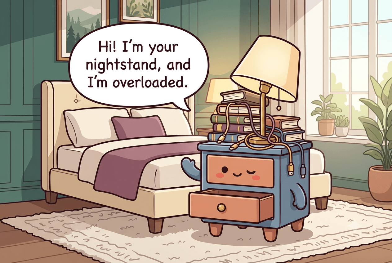 Chibi bedside nightstand character with a small drawer for a mouth and a lamp tilted like a hat, looking sleepy and kind