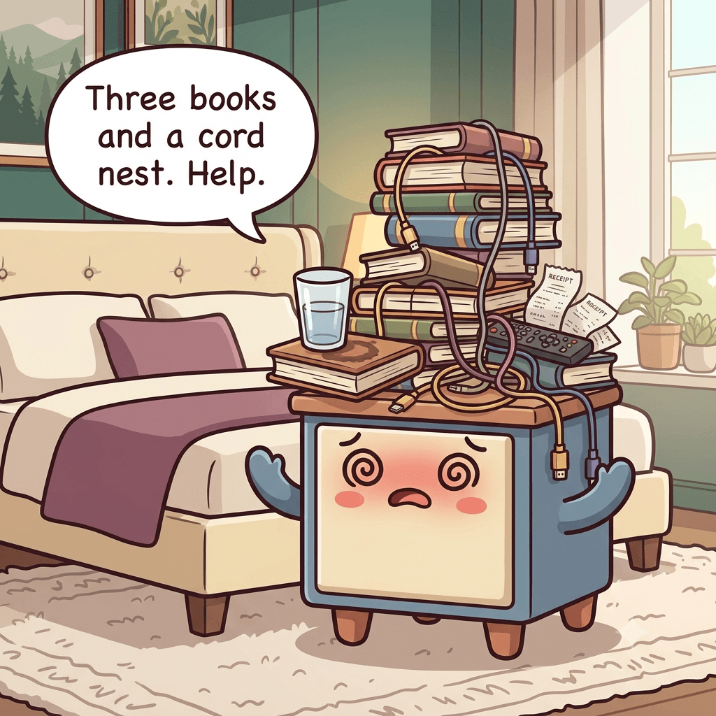 The nightstand character buried under stacked books, a tangle of cords, a water glass and clutter on its small top