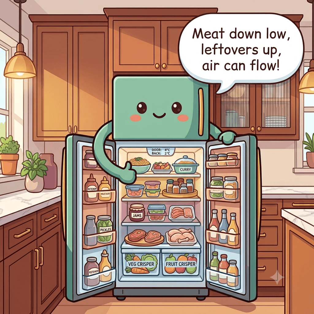 The refrigerator character content, with leftovers up top, raw meat in a low tray, produce in labeled crispers and condiments in the door