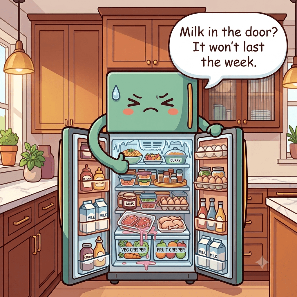 The refrigerator character strained, milk crammed in the door, raw meat leaking onto produce below, shelves packed solid with no airflow