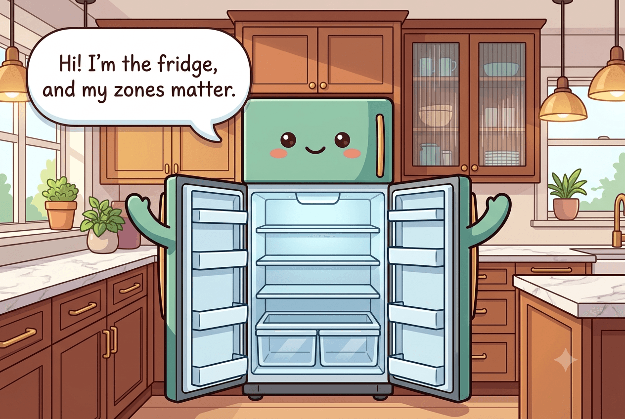 Chibi refrigerator character with both doors open like arms, cool blue interior shelves, a calm helpful face