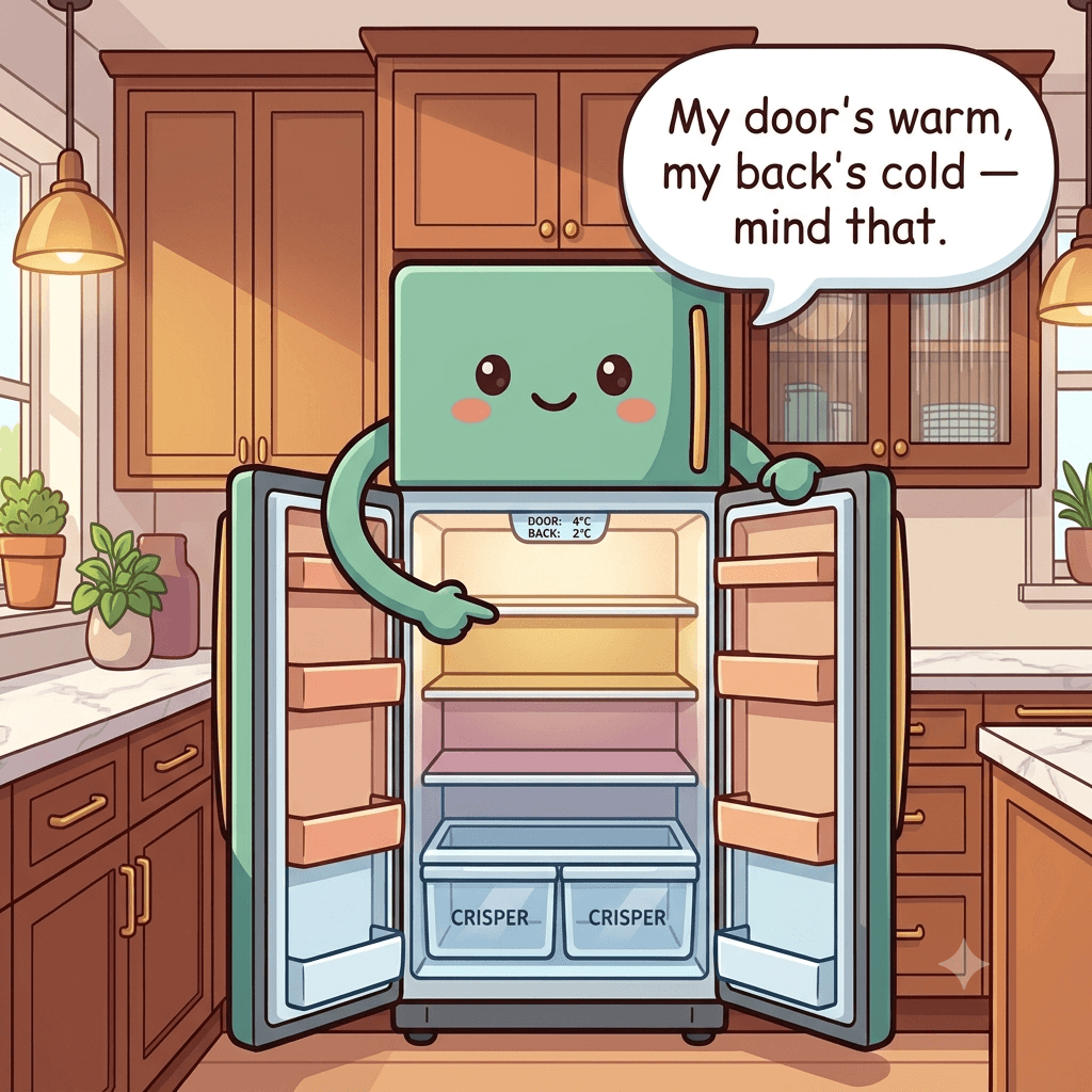 The refrigerator character showing its warmer door bins, colder back shelves, and two crisper drawers at the bottom