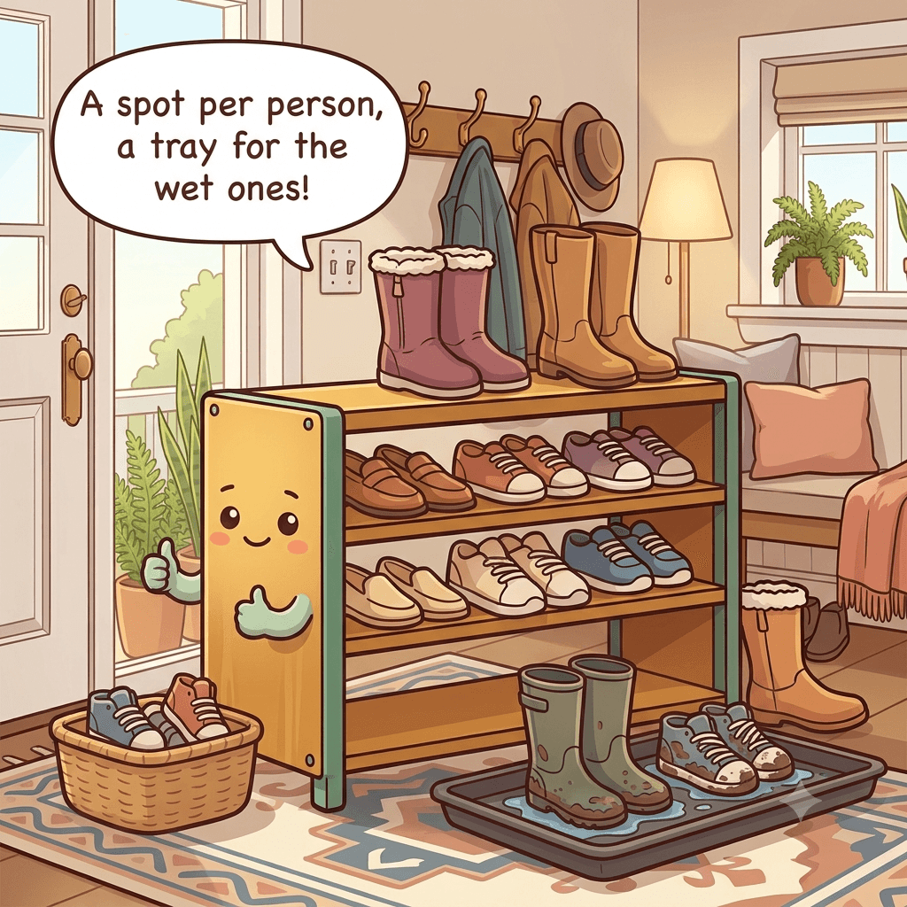 The shoe rack character tidy, a boot tray for wet shoes, tall boots upright, everyday pairs at reach, kids' shoes low