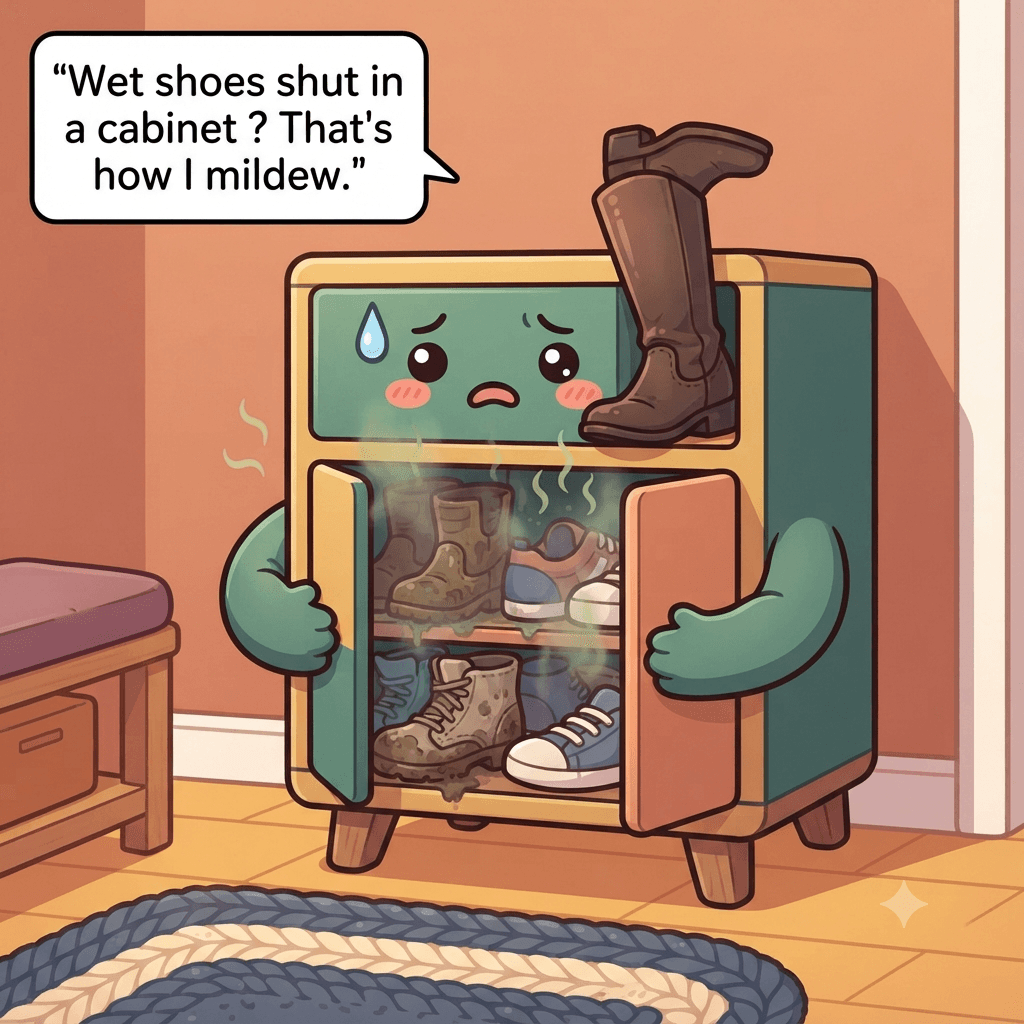 The shoe rack character strained, too many pairs crammed on, wet shoes shut in a cabinet, boots bent on a short shelf
