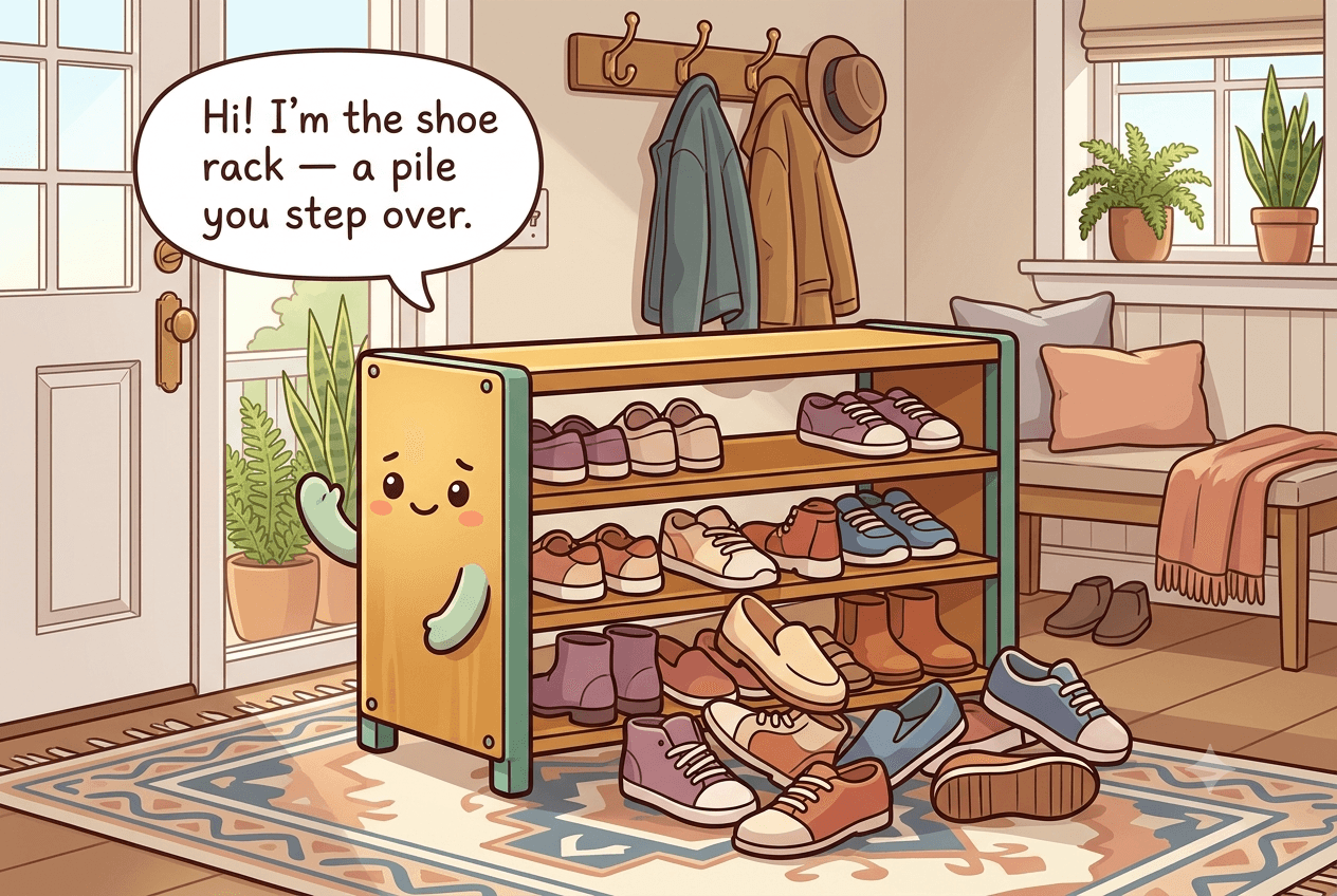 Chibi shoe rack character by a door with a friendly face, shoes tumbling off the shelves into a heap