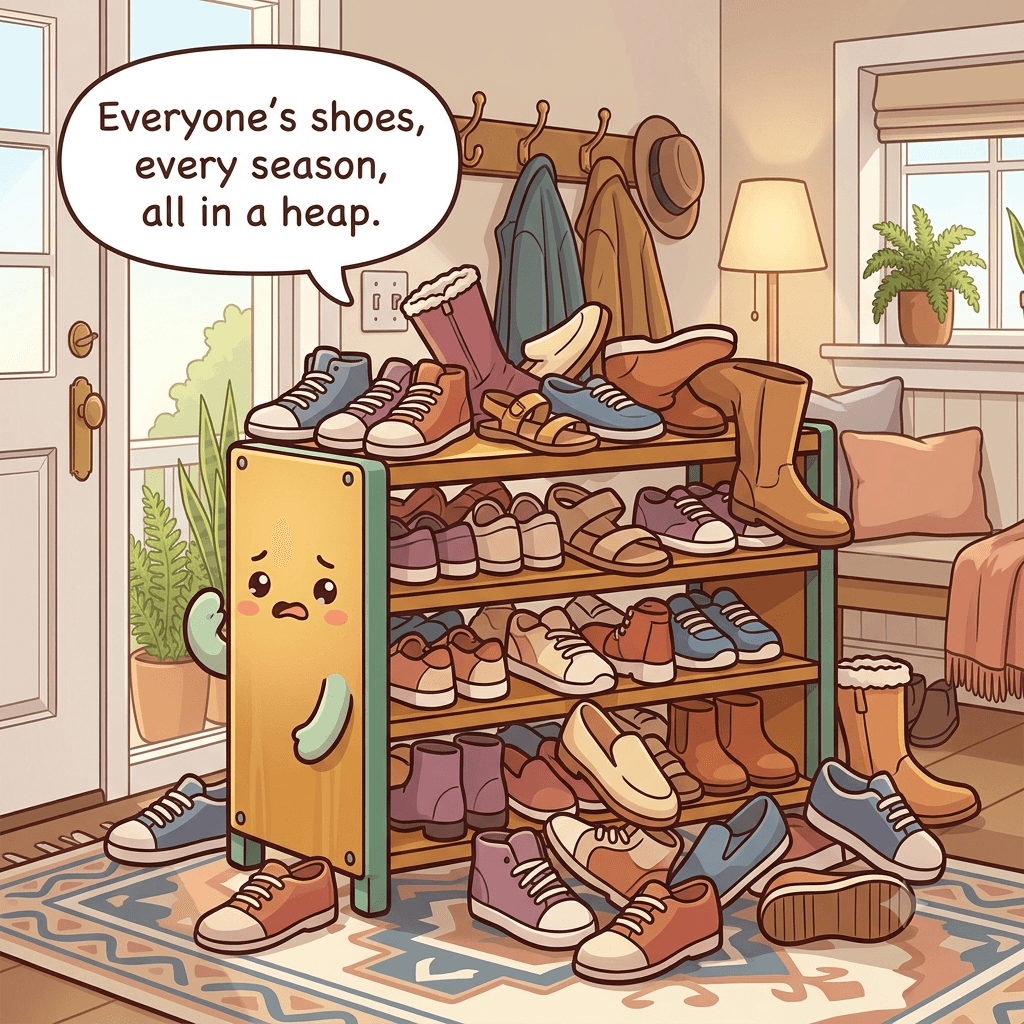 The shoe rack character showing shoes piled and tumbling, a broken pair and single shoes in the heap