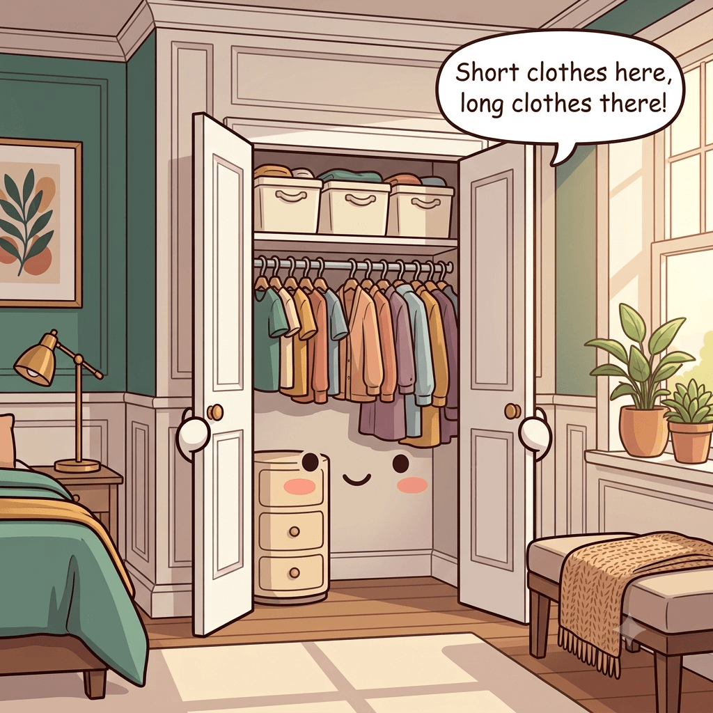 The closet character relaxed, with clothes grouped by length and a small drawer unit under the short garments