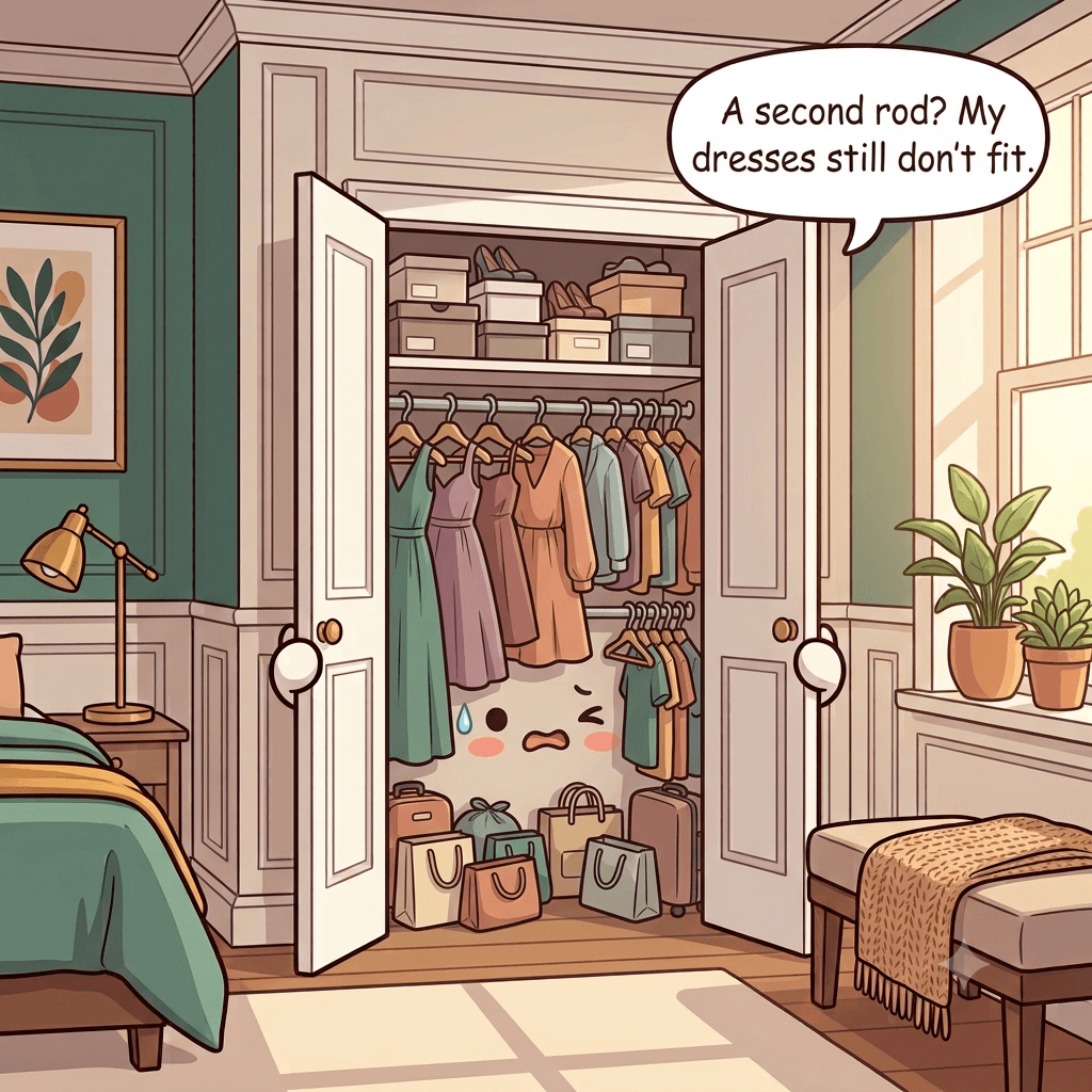 The closet character wincing at a jammed-in second rod, bulky hangers and shoe boxes stacked above head height