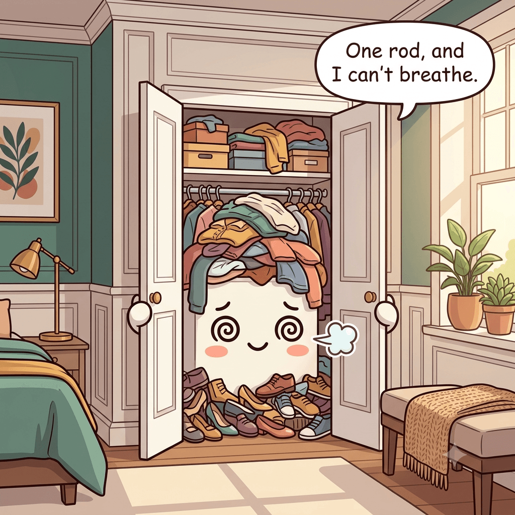 The closet character crammed full — one overstuffed rod, an overflowing shelf and shoes piled on the floor