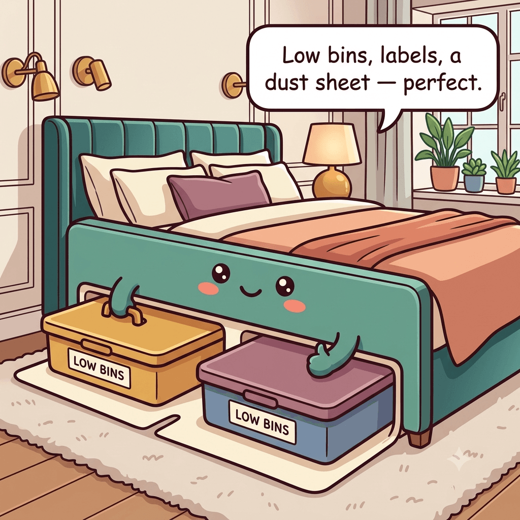 The under-bed character content, with two low labeled bins sliding out on a liner and a clear pull path