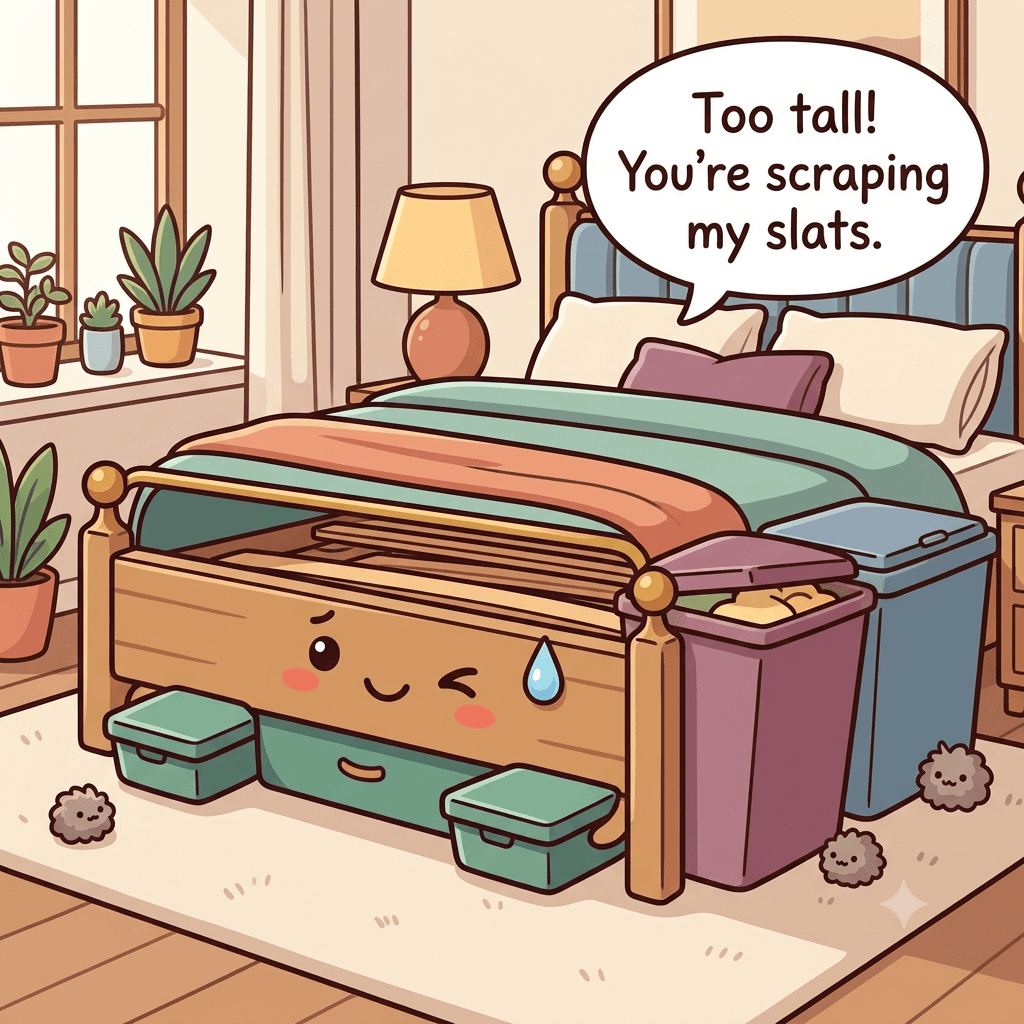 The under-bed character wincing at overstuffed tall bins jammed against the slats with no liner and no labels