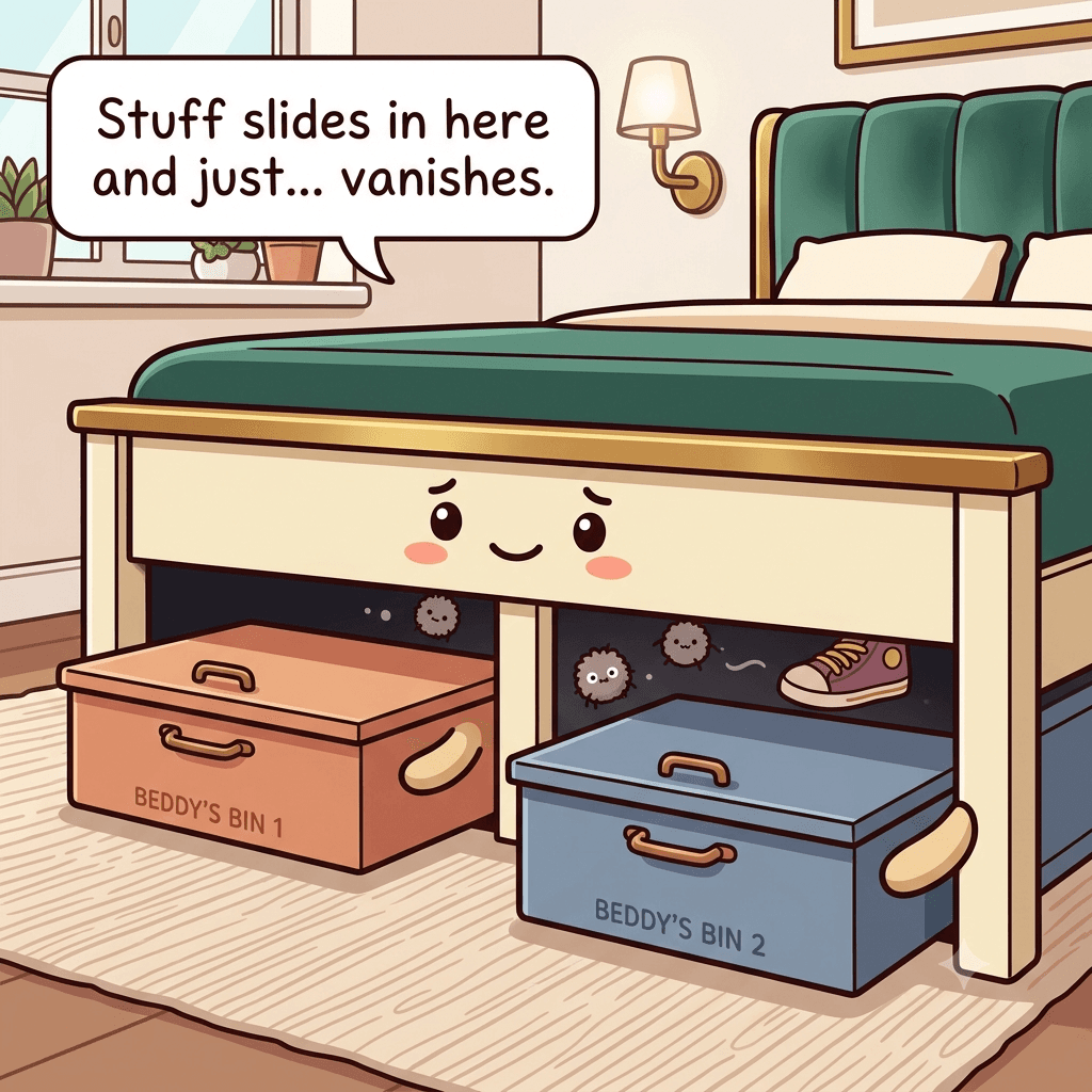 The under-bed character shows its low clearance and a center bar splitting the space into two shallow bays