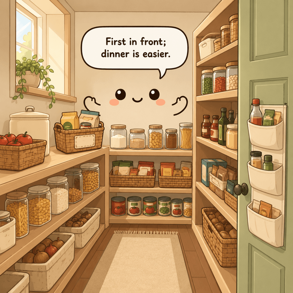 The pantry character smiles beside labeled breakfast, baking, snack, and dinner zones with older food forward and heavy goods low