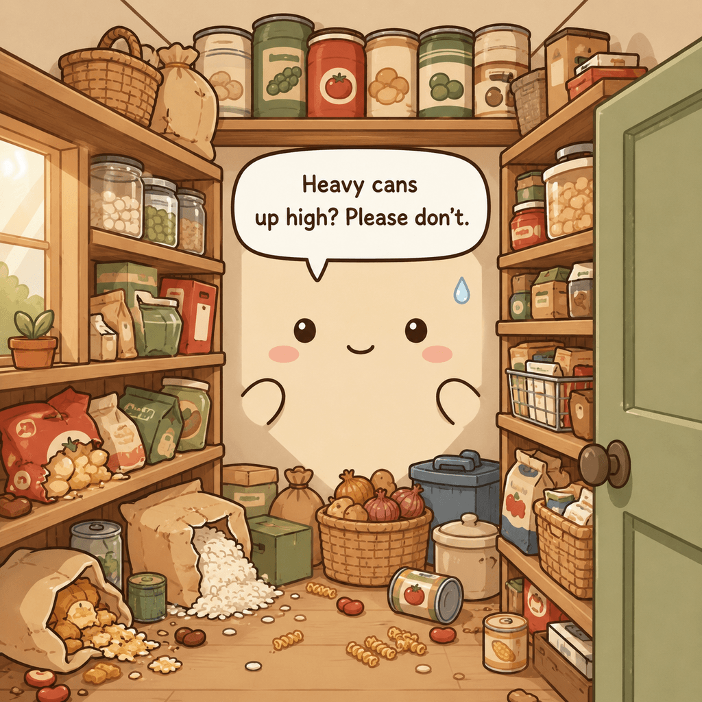 The pantry character looks overwhelmed by food bags on the floor, heavy jars overhead, deep double rows, and unstable stacks