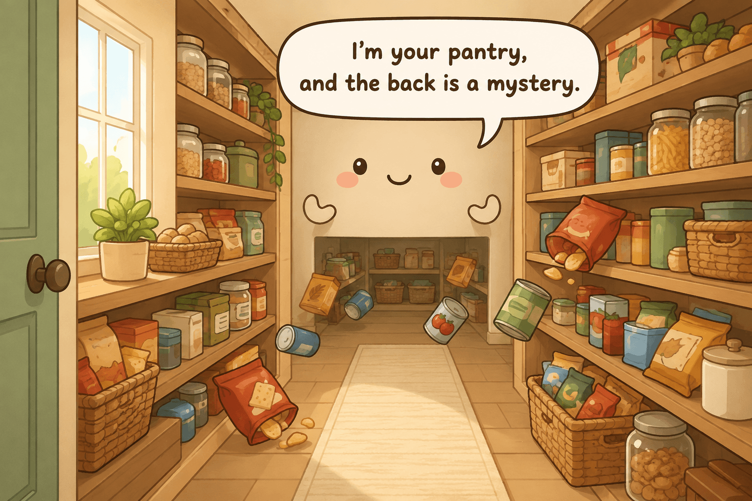 Chibi walk-in pantry character surrounded by crowded shelves, duplicate groceries, floor bags, and a few forgotten boxes at the back