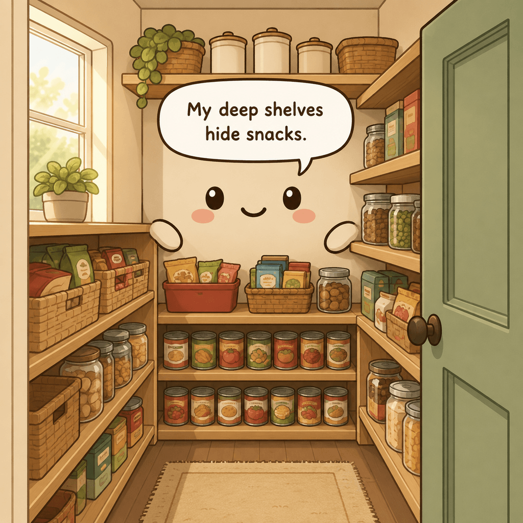 The pantry character reveals deep shelves with hidden back rows, floor bags, and mixed food categories that need clearer zones