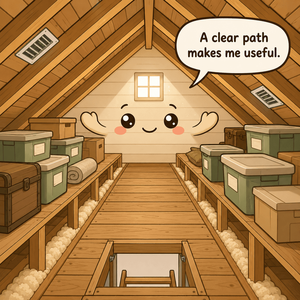 The attic character smiles with low labeled bins on supported decking beside a clear walkway and unobstructed ventilation paths