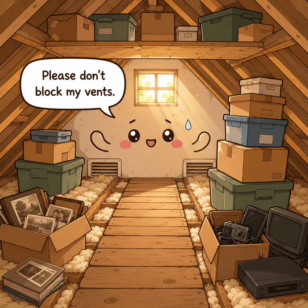 The attic character looks alarmed by boxes on ceiling drywall, blocked vents, tall unstable stacks, and sensitive photos and electronics stored in heat