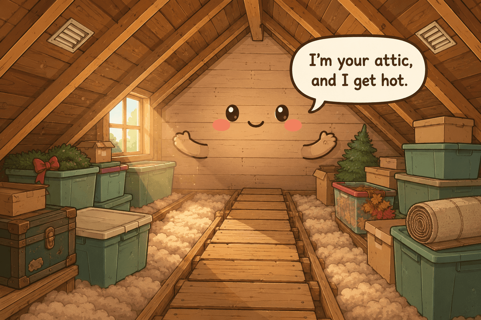 Chibi attic character under sloped rafters with storage bins, visible joists, a narrow boarded path, vents, and warm dusty light