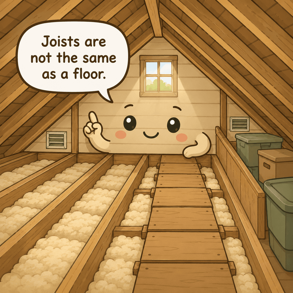 The attic character points to exposed joists, insulation, a narrow safe boarded path, soffit vents, and storage areas that need boundaries