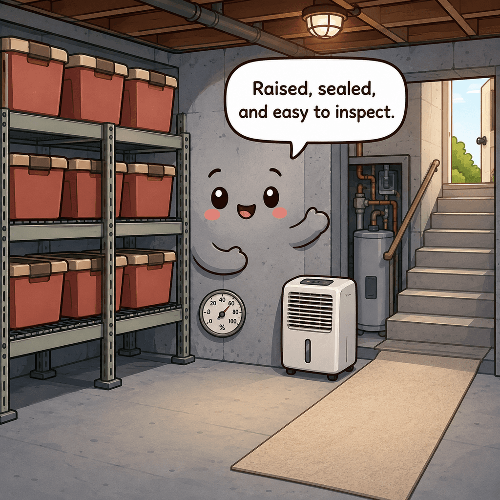 The basement character smiles beside raised sealed bins, a dehumidifier, clear utility zones, and open stairs and exit paths