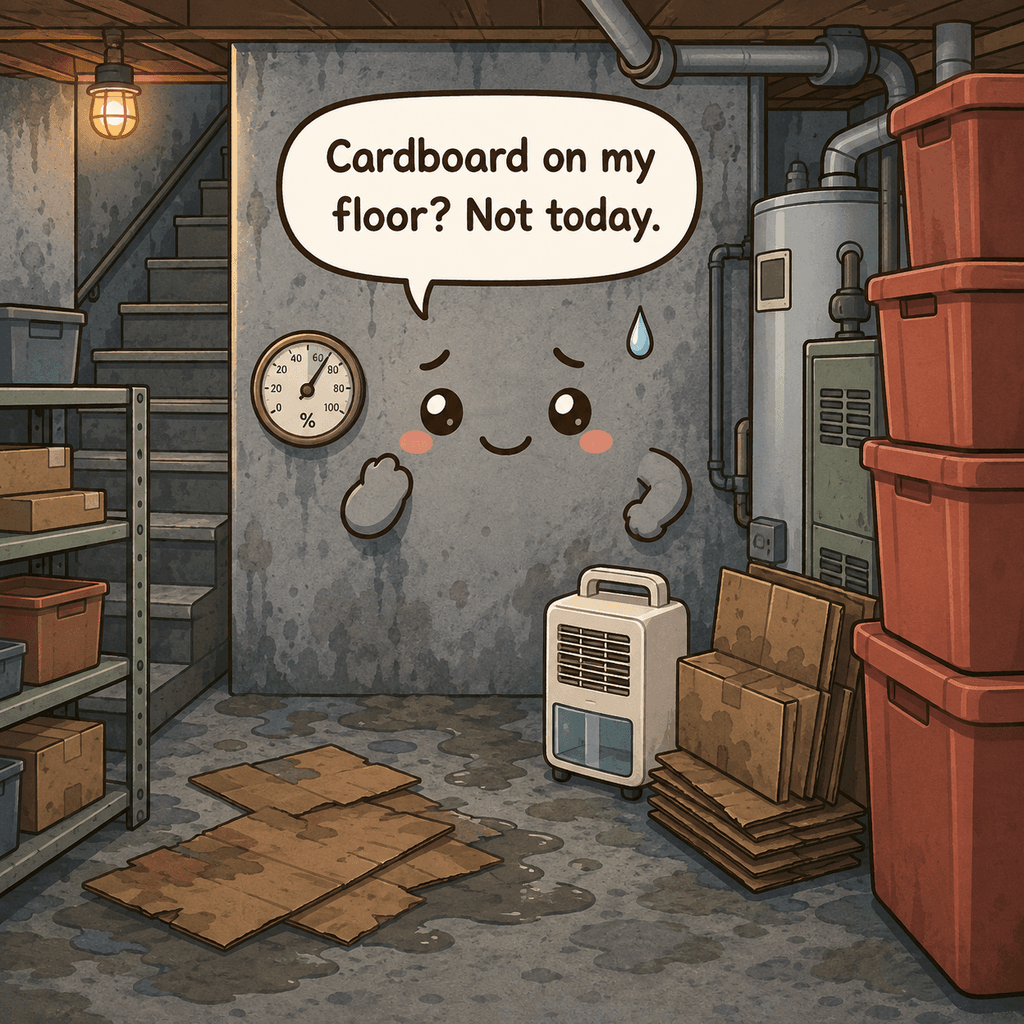 The basement character looks distressed by soggy cardboard on the floor, blocked utility equipment, tall stacks, and a humidity reading above the target range