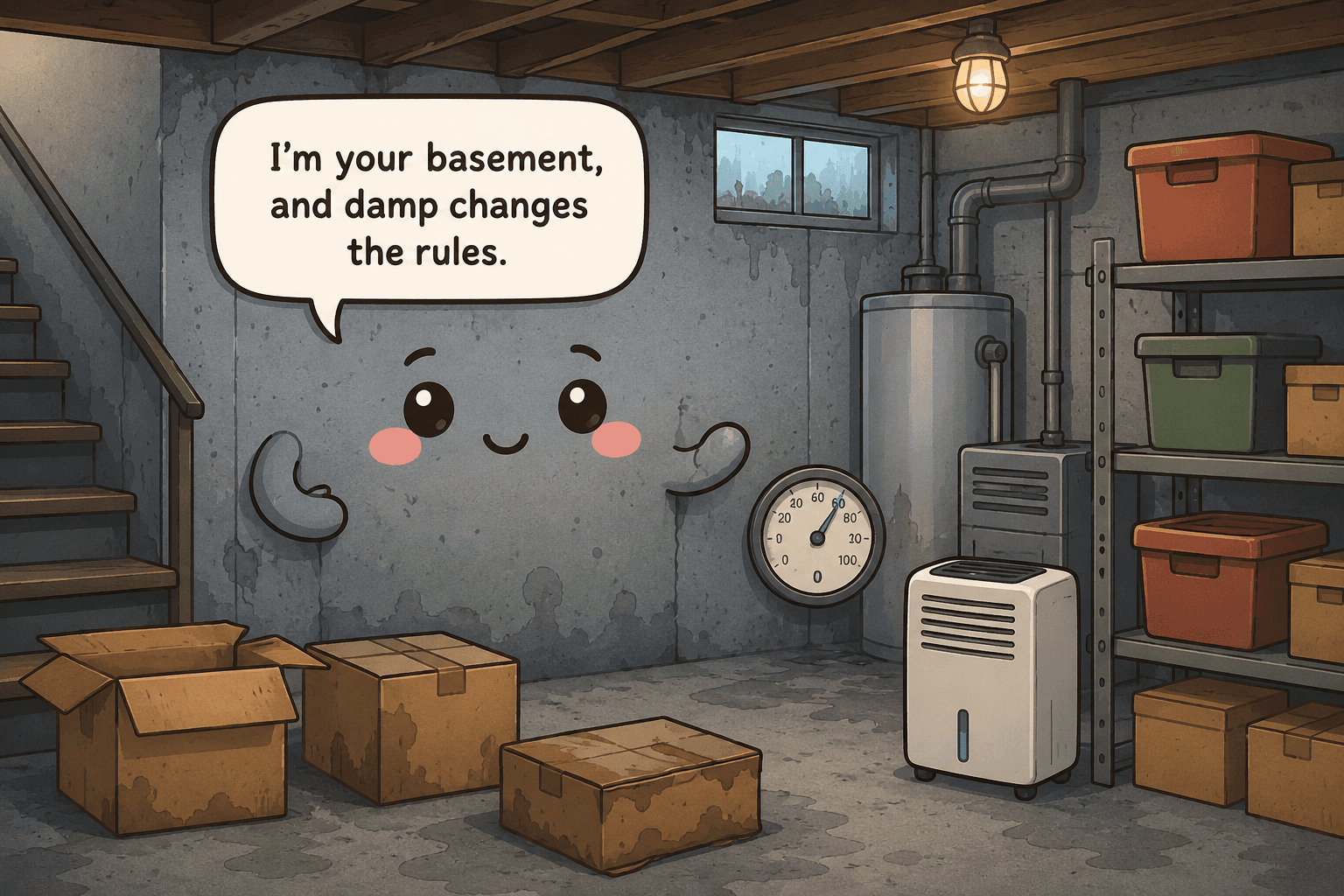 Chibi basement character in a cool gray-blue room with damp concrete, cardboard boxes, a dehumidifier, utility equipment, and shelving