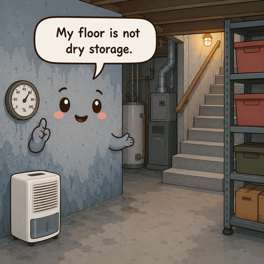 The basement character points to a damp wall, concrete floor, hygrometer, utility equipment, and cardboard boxes that should be moved