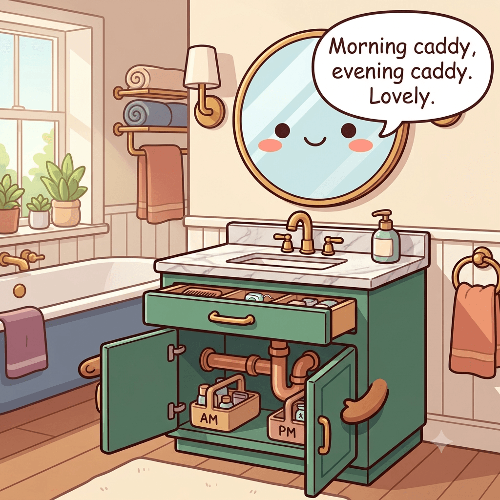 The vanity character satisfied, with a shallow divided drawer, two routine caddies beside the pipes and a nearly clear countertop