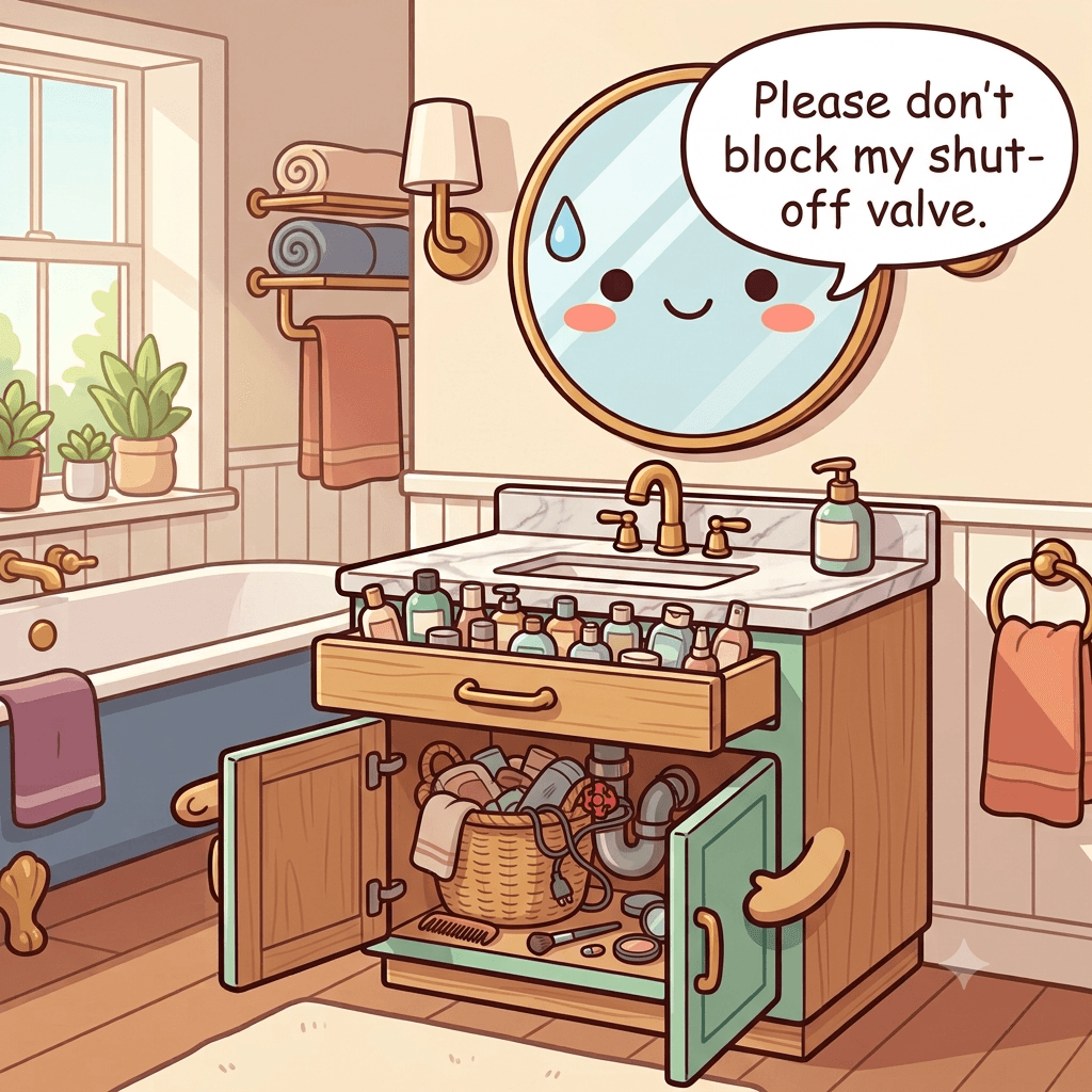 The vanity character strained — backups jammed in the top drawer, loose items rolling in the cabinet, a basket blocking the valve