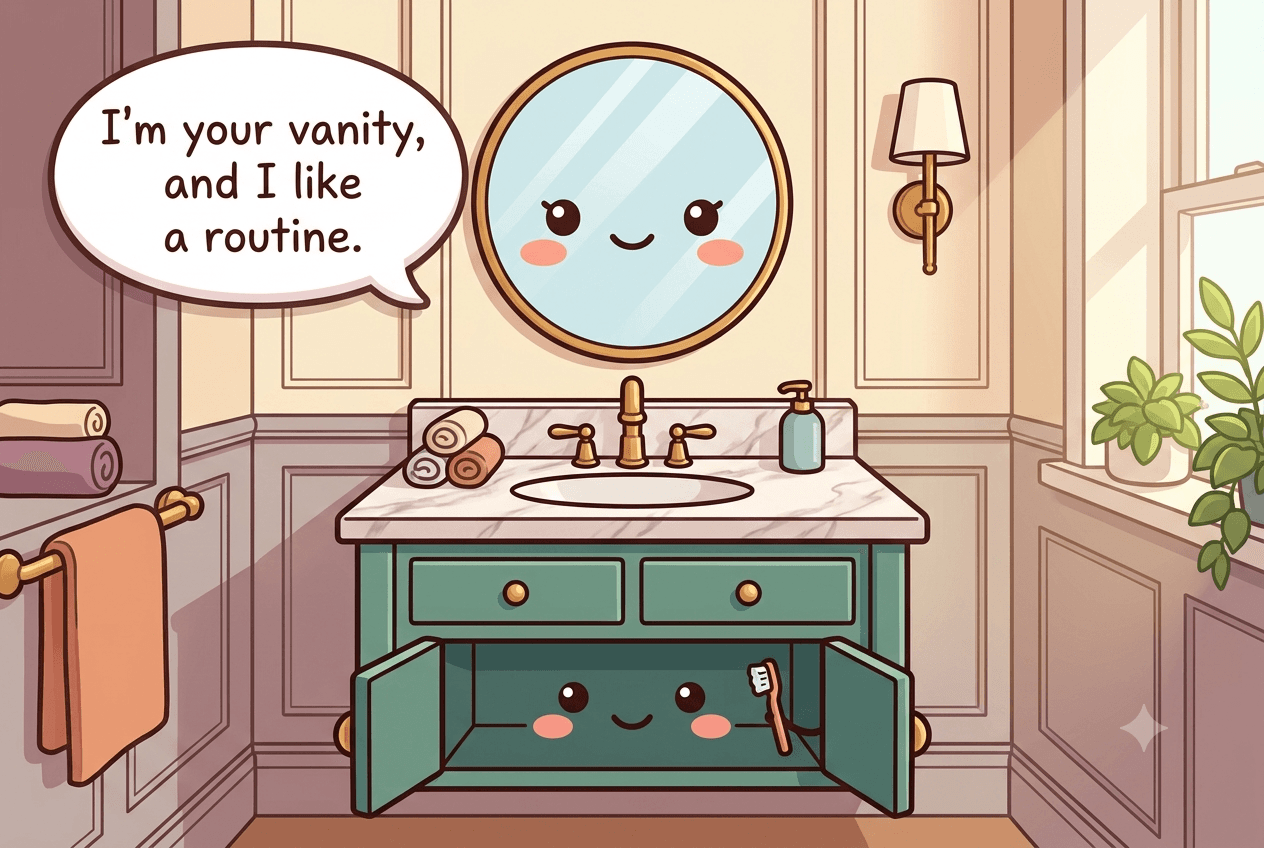 Chibi bathroom vanity character with two drawers and a round mirror face, holding a tiny toothbrush