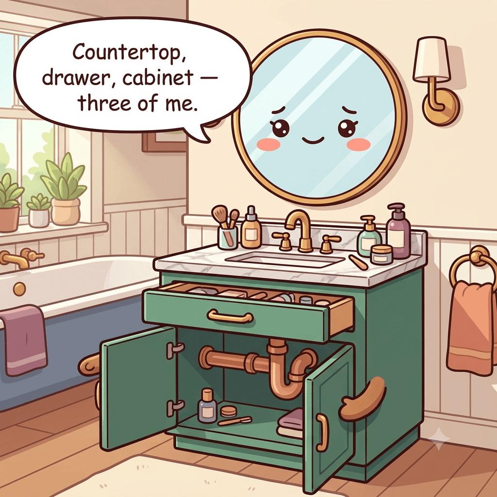 The vanity character points out its three zones — a crowded countertop, a shallow drawer and a lower cabinet with pipes